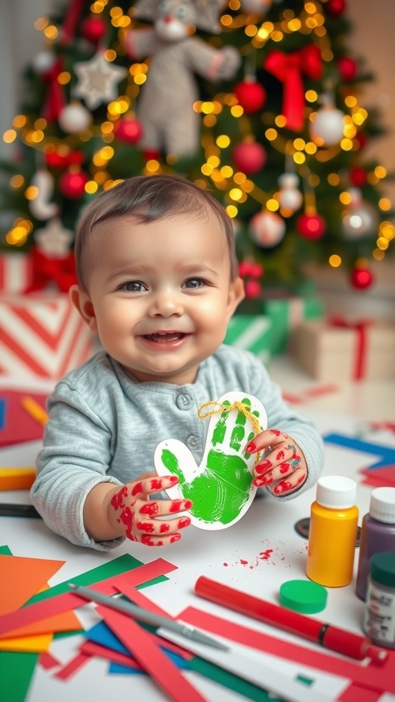 A baby happily creating Christmas crafts with colorful paints and decorations.